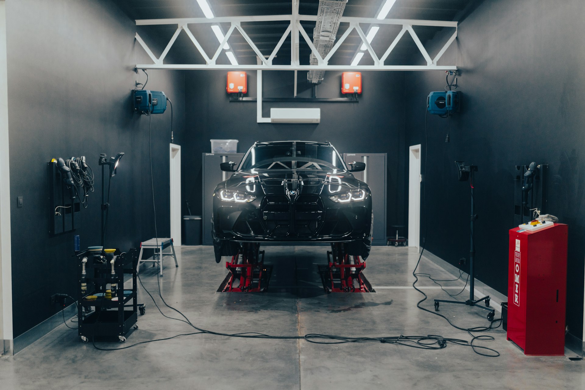 a car being worked on in a garage